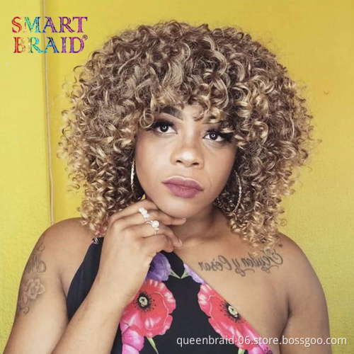 Ombre Blonde Short Afro Curly Wig With Bangs Kinky Fluffy Synthetic Wigs Shoulder Length For Black Women